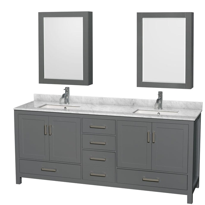 Wyndham Collection WCS141480DKGCMUNSMED Sheffield 80 Inch Double Bathroom Vanity in Dark Gray, White Carrara Marble Countertop, Undermount Square Sinks, and Medicine Cabinets