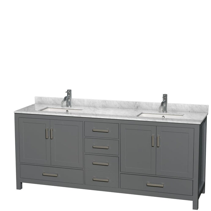 Wyndham Collection WCS141480DKGCMUNSMXX Sheffield 80 Inch Double Bathroom Vanity in Dark Gray, White Carrara Marble Countertop, Undermount Square Sinks, and No Mirror