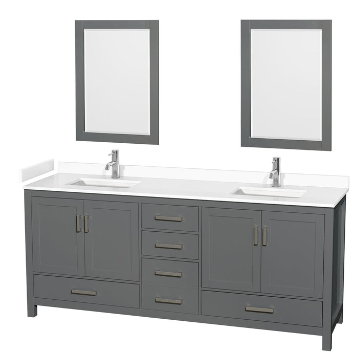 Wyndham Collection WCS141480DKGWCUNSM24 Sheffield 80 Inch Double Bathroom Vanity in Dark Gray, White Cultured Marble Countertop, Undermount Square Sinks, 24 Inch Mirrors