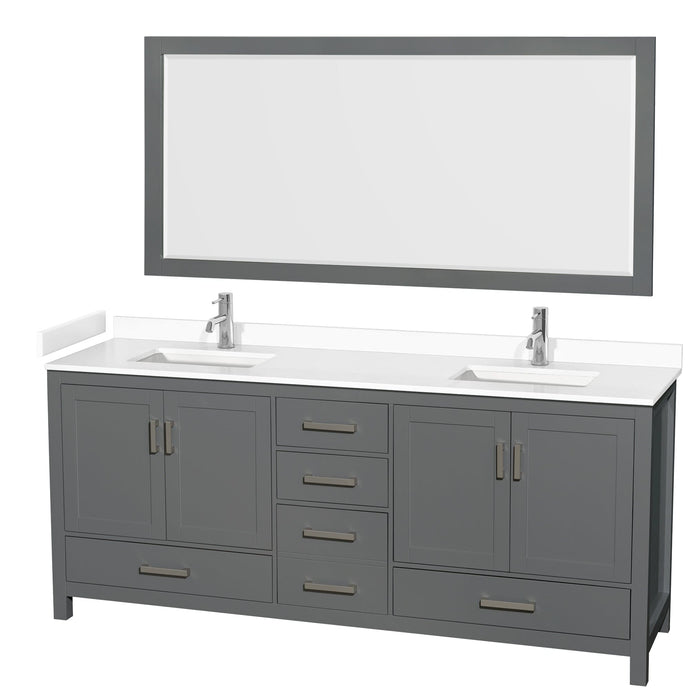 Wyndham Collection WCS141480DKGWCUNSM70 Sheffield 80 Inch Double Bathroom Vanity in Dark Gray, White Cultured Marble Countertop, Undermount Square Sinks, 70 Inch Mirror