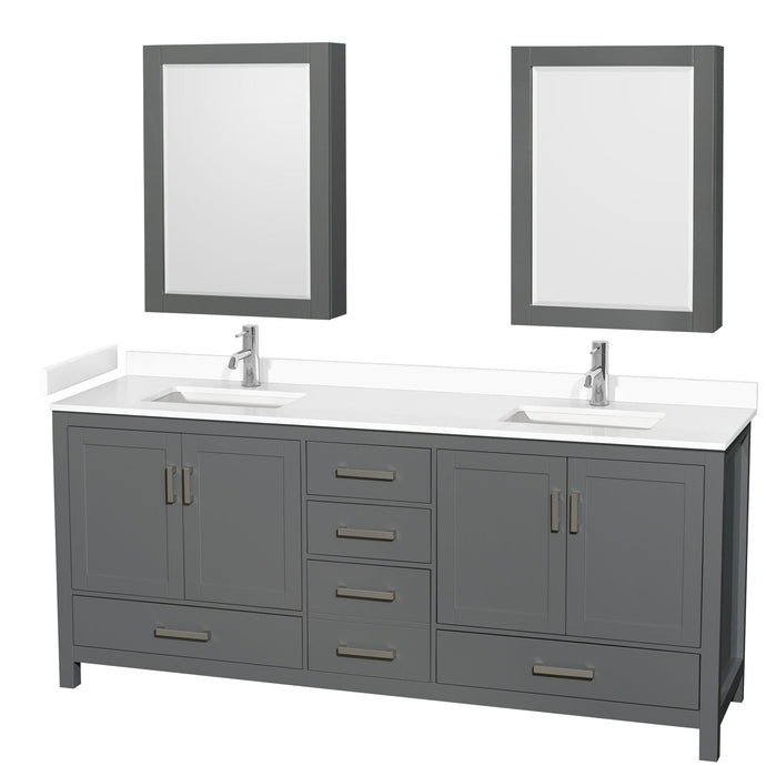 Wyndham Collection WCS141480DKGWCUNSMED Sheffield 80 Inch Double Bathroom Vanity in Dark Gray, White Cultured Marble Countertop, Undermount Square Sinks, Medicine Cabinets