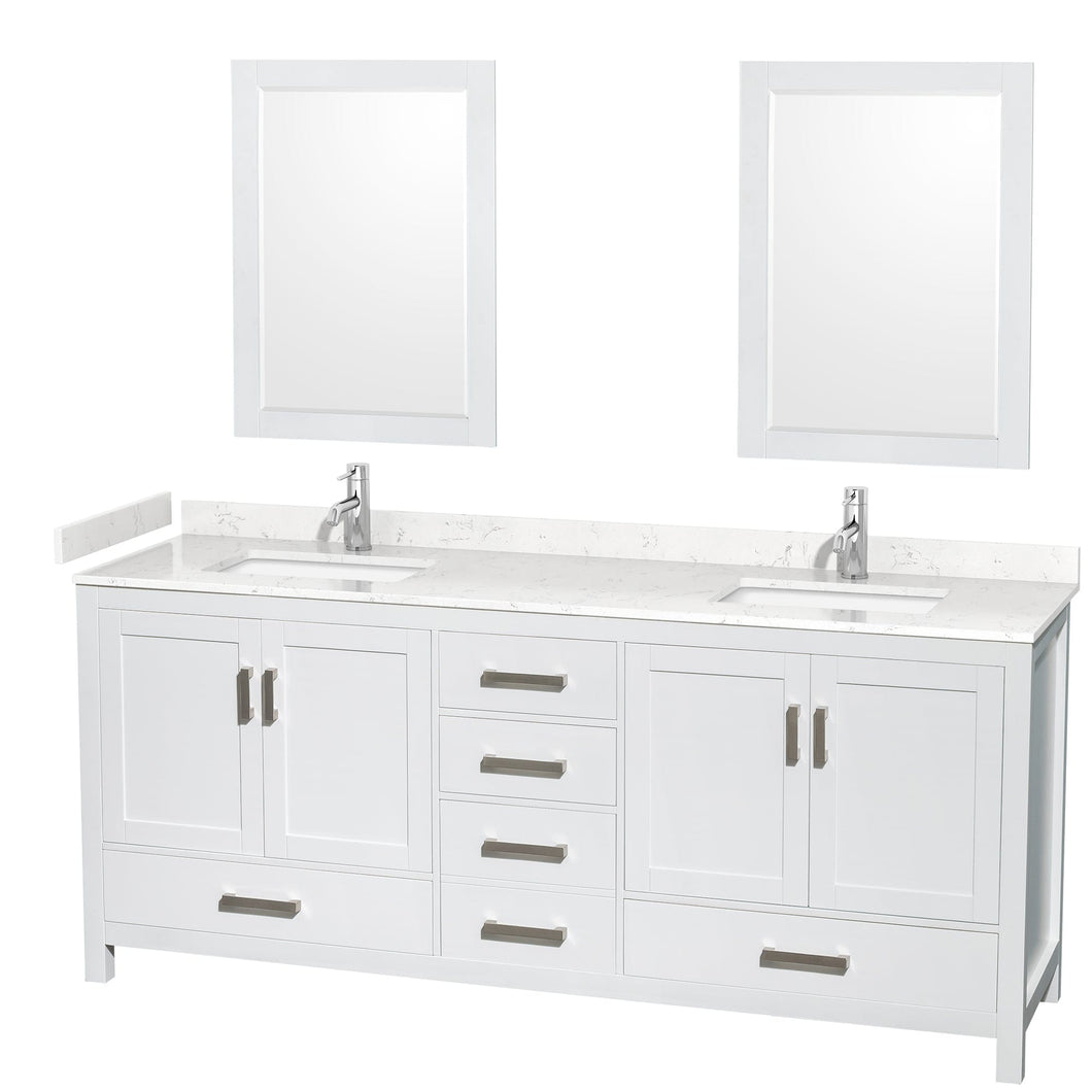 Wyndham Collection WCS141480DWHC2UNSM24 Sheffield 80 Inch Double Bathroom Vanity in White, Carrara Cultured Marble Countertop, Undermount Square Sinks, 24 Inch Mirrors