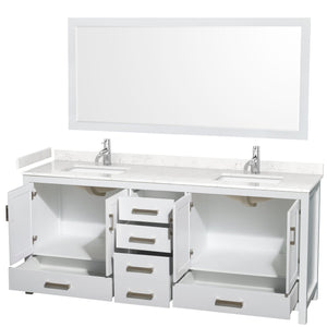 Wyndham Collection WCS141480DWHC2UNSM70 Sheffield 80 Inch Double Bathroom Vanity in White, Carrara Cultured Marble Countertop, Undermount Square Sinks, 70 Inch Mirror