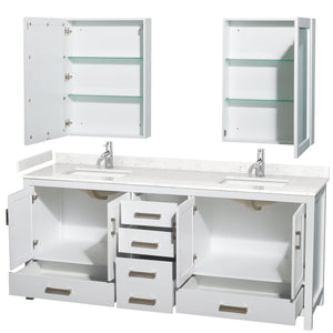 Wyndham Collection WCS141480DWHC2UNSMED Sheffield 80 Inch Double Bathroom Vanity in White, Carrara Cultured Marble Countertop, Undermount Square Sinks, Medicine Cabinets