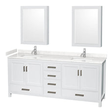 Load image into Gallery viewer, Wyndham Collection WCS141480DWHC2UNSMED Sheffield 80 Inch Double Bathroom Vanity in White, Carrara Cultured Marble Countertop, Undermount Square Sinks, Medicine Cabinets
