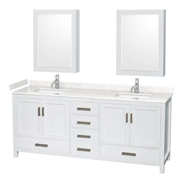 Wyndham Collection WCS141480DWHC2UNSMED Sheffield 80 Inch Double Bathroom Vanity in White, Carrara Cultured Marble Countertop, Undermount Square Sinks, Medicine Cabinets
