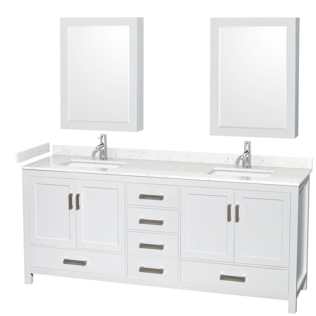 Wyndham Collection WCS141480DWHC2UNSMED Sheffield 80 Inch Double Bathroom Vanity in White, Carrara Cultured Marble Countertop, Undermount Square Sinks, Medicine Cabinets