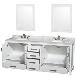 Wyndham Collection WCS141480DWHCMUNOM24 Sheffield 80 Inch Double Bathroom Vanity in White, White Carrara Marble Countertop, Undermount Oval Sinks, and 24 Inch Mirrors