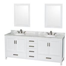 Load image into Gallery viewer, Wyndham Collection WCS141480DWHCMUNOM24 Sheffield 80 Inch Double Bathroom Vanity in White, White Carrara Marble Countertop, Undermount Oval Sinks, and 24 Inch Mirrors