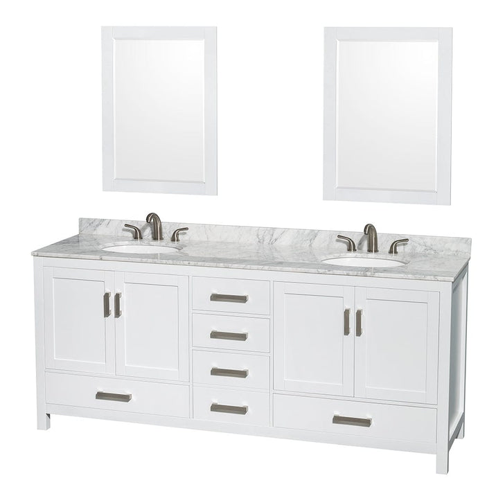 Wyndham Collection WCS141480DWHCMUNOM24 Sheffield 80 Inch Double Bathroom Vanity in White, White Carrara Marble Countertop, Undermount Oval Sinks, and 24 Inch Mirrors
