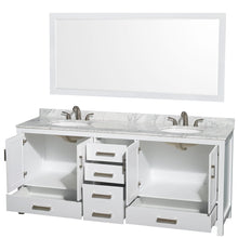 Load image into Gallery viewer, Wyndham Collection WCS141480DWHCMUNOM70 Sheffield 80 Inch Double Bathroom Vanity in White, White Carrara Marble Countertop, Undermount Oval Sinks, and 70 Inch Mirror