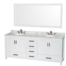 Load image into Gallery viewer, Wyndham Collection WCS141480DWHCMUNOM70 Sheffield 80 Inch Double Bathroom Vanity in White, White Carrara Marble Countertop, Undermount Oval Sinks, and 70 Inch Mirror
