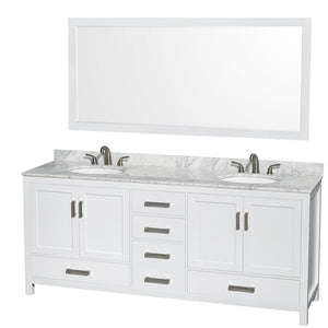 Wyndham Collection WCS141480DWHCMUNOM70 Sheffield 80 Inch Double Bathroom Vanity in White, White Carrara Marble Countertop, Undermount Oval Sinks, and 70 Inch Mirror