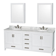 Load image into Gallery viewer, Wyndham Collection WCS141480DWHCMUNOMED Sheffield 80 Inch Double Bathroom Vanity in White, White Carrara Marble Countertop, Undermount Oval Sinks, and Medicine Cabinets
