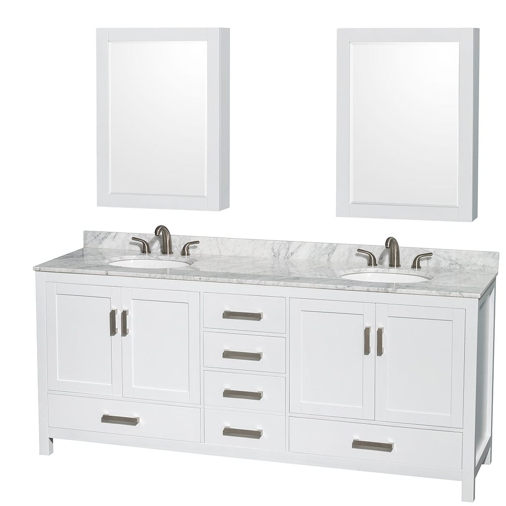 Wyndham Collection WCS141480DWHCMUNOMED Sheffield 80 Inch Double Bathroom Vanity in White, White Carrara Marble Countertop, Undermount Oval Sinks, and Medicine Cabinets