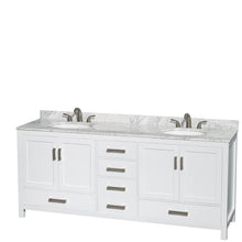 Load image into Gallery viewer, Wyndham Collection WCS141480DWHCMUNOMXX Sheffield 80 Inch Double Bathroom Vanity in White, White Carrara Marble Countertop, Undermount Oval Sinks, and No Mirror
