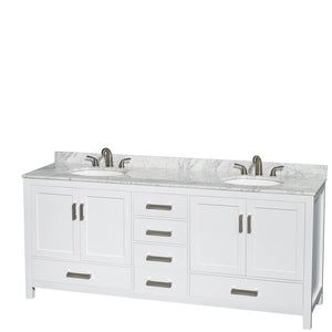 Wyndham Collection WCS141480DWHCMUNOM70 Sheffield 80 Inch Double Bathroom Vanity in White, White Carrara Marble Countertop, Undermount Oval Sinks, and 70 Inch Mirror