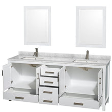Load image into Gallery viewer, Wyndham Collection WCS141480DWHCMUNSM24 Sheffield 80 Inch Double Bathroom Vanity in White, White Carrara Marble Countertop, Undermount Square Sinks, and 24 Inch Mirrors