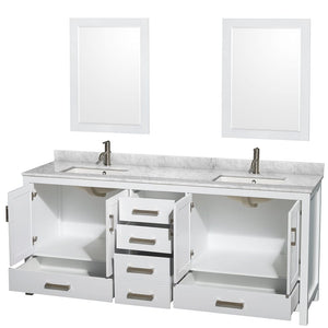 Wyndham Collection WCS141480DWHCMUNSM24 Sheffield 80 Inch Double Bathroom Vanity in White, White Carrara Marble Countertop, Undermount Square Sinks, and 24 Inch Mirrors
