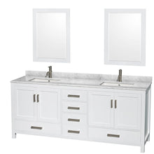 Load image into Gallery viewer, Wyndham Collection WCS141480DWHCMUNSM24 Sheffield 80 Inch Double Bathroom Vanity in White, White Carrara Marble Countertop, Undermount Square Sinks, and 24 Inch Mirrors
