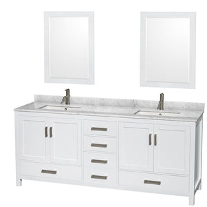 Wyndham Collection WCS141480DWHCMUNSM24 Sheffield 80 Inch Double Bathroom Vanity in White, White Carrara Marble Countertop, Undermount Square Sinks, and 24 Inch Mirrors