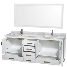 Load image into Gallery viewer, Wyndham Collection WCS141480DWHCMUNSM70 Sheffield 80 Inch Double Bathroom Vanity in White, White Carrara Marble Countertop, Undermount Square Sinks, and 70 Inch Mirror
