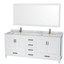 Load image into Gallery viewer, Wyndham Collection WCS141480DWHCMUNSM70 Sheffield 80 Inch Double Bathroom Vanity in White, White Carrara Marble Countertop, Undermount Square Sinks, and 70 Inch Mirror