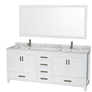 Wyndham Collection WCS141480DWHCMUNSM70 Sheffield 80 Inch Double Bathroom Vanity in White, White Carrara Marble Countertop, Undermount Square Sinks, and 70 Inch Mirror