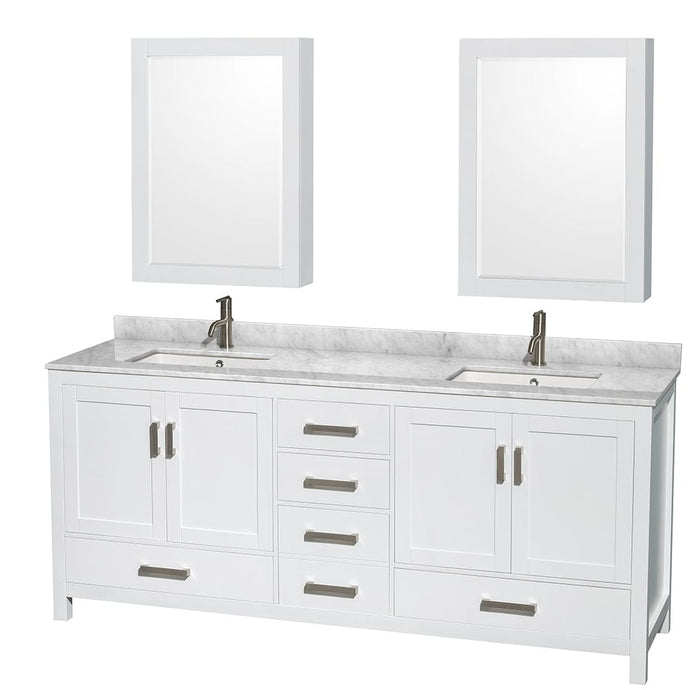 Wyndham Collection WCS141480DWHCMUNSMED Sheffield 80 Inch Double Bathroom Vanity in White, White Carrara Marble Countertop, Undermount Square Sinks, and Medicine Cabinets