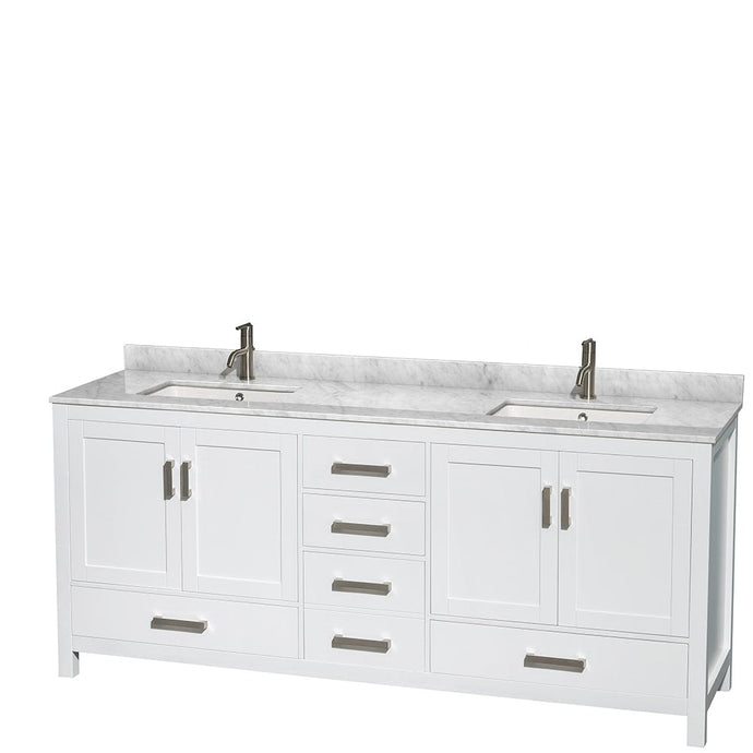 Wyndham Collection WCS141480DWHCMUNSMXX Sheffield 80 Inch Double Bathroom Vanity in White, White Carrara Marble Countertop, Undermount Square Sinks, and No Mirror