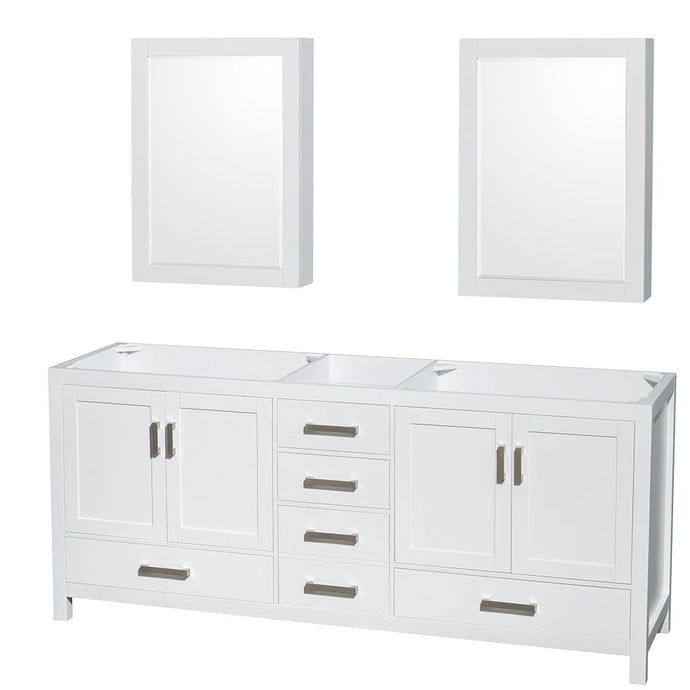 Wyndham Collection WCS141480DWHCXSXXMED Sheffield 80 Inch Double Bathroom Vanity in White, No Countertop, No Sinks, and Medicine Cabinets