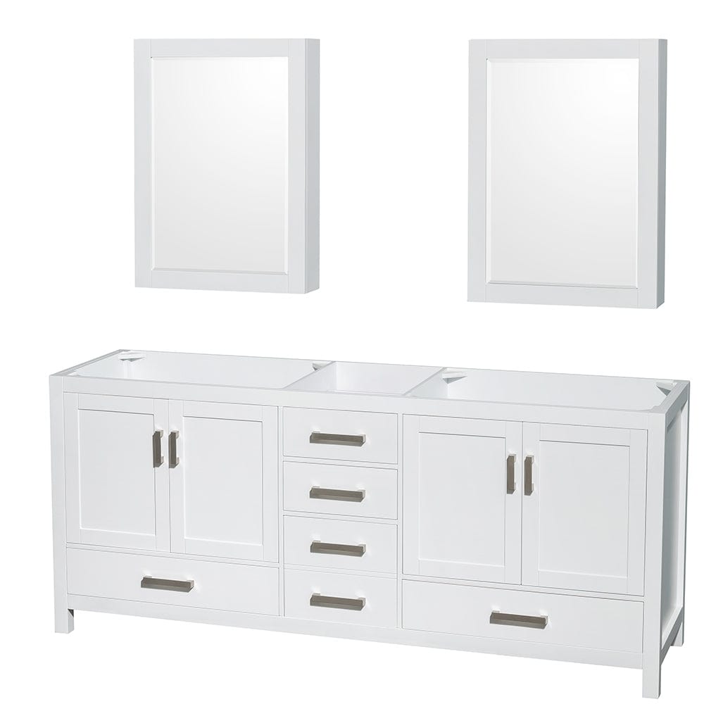 Wyndham Collection WCS141480DWHCXSXXMED Sheffield 80 Inch Double Bathroom Vanity in White, No Countertop, No Sinks, and Medicine Cabinets