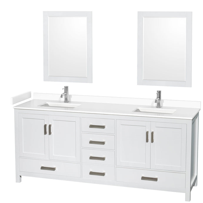 Wyndham Collection WCS141480DWHWCUNSM24 Sheffield 80 Inch Double Bathroom Vanity in White, White Cultured Marble Countertop, Undermount Square Sinks, 24 Inch Mirrors