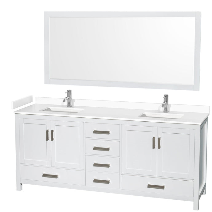Wyndham Collection WCS141480DWHWCUNSM70 Sheffield 80 Inch Double Bathroom Vanity in White, White Cultured Marble Countertop, Undermount Square Sinks, 70 Inch Mirror