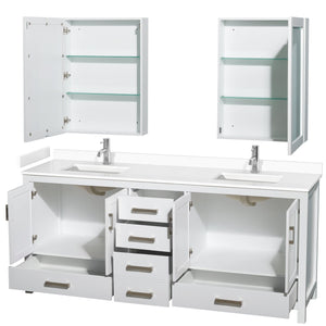Wyndham Collection WCS141480DWHWCUNSMED Sheffield 80 Inch Double Bathroom Vanity in White, White Cultured Marble Countertop, Undermount Square Sinks, Medicine Cabinets