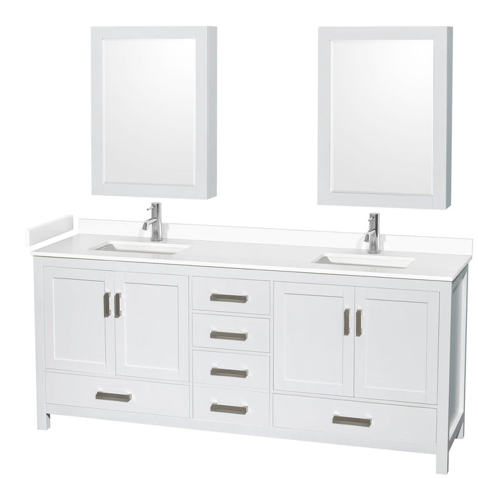 Wyndham Collection WCS141480DWHWCUNSMED Sheffield 80 Inch Double Bathroom Vanity in White, White Cultured Marble Countertop, Undermount Square Sinks, Medicine Cabinets