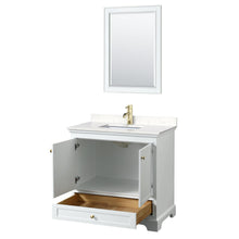 Load image into Gallery viewer, Wyndham Collection WCS202036SWGC2UNSM24 Deborah 36 Inch Single Bathroom Vanity in White, Carrara Cultured Marble Countertop, Undermount Square Sink, Brushed Gold Trim, 24 Inch Mirror
