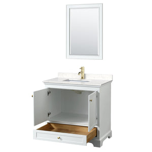 Wyndham Collection WCS202036SWGC2UNSM24 Deborah 36 Inch Single Bathroom Vanity in White, Carrara Cultured Marble Countertop, Undermount Square Sink, Brushed Gold Trim, 24 Inch Mirror