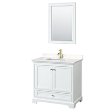 Load image into Gallery viewer, Wyndham Collection WCS202036SWGC2UNSM24 Deborah 36 Inch Single Bathroom Vanity in White, Carrara Cultured Marble Countertop, Undermount Square Sink, Brushed Gold Trim, 24 Inch Mirror