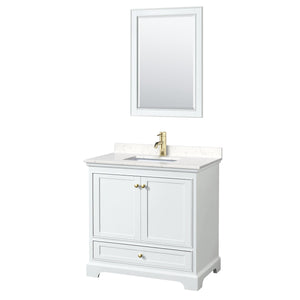 Wyndham Collection WCS202036SWGC2UNSM24 Deborah 36 Inch Single Bathroom Vanity in White, Carrara Cultured Marble Countertop, Undermount Square Sink, Brushed Gold Trim, 24 Inch Mirror