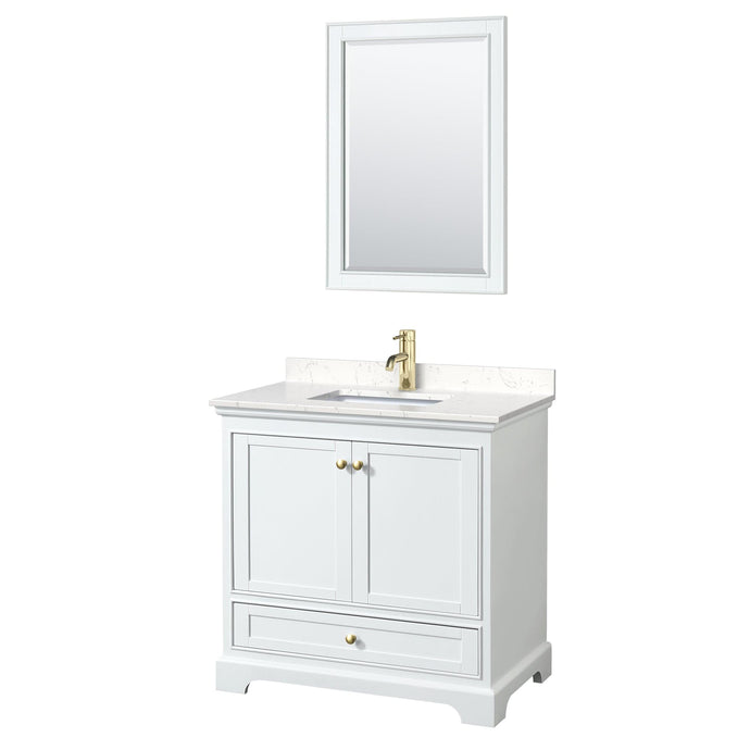 Wyndham Collection WCS202036SWGC2UNSM24 Deborah 36 Inch Single Bathroom Vanity in White, Carrara Cultured Marble Countertop, Undermount Square Sink, Brushed Gold Trim, 24 Inch Mirror