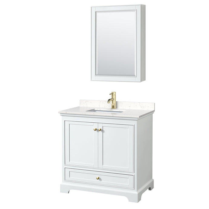 Wyndham Collection WCS202036SWGC2UNSMED Deborah 36 Inch Single Bathroom Vanity in White, Carrara Cultured Marble Countertop, Undermount Square Sink, Brushed Gold Trim, Medicine Cabinet