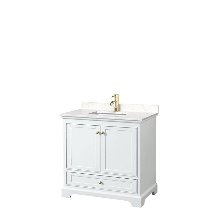Wyndham Collection WCS202036SWGC2UNSMXX Deborah 36 Inch Single Bathroom Vanity in White, Carrara Cultured Marble Countertop, Undermount Square Sink, Brushed Gold Trim, No Mirror