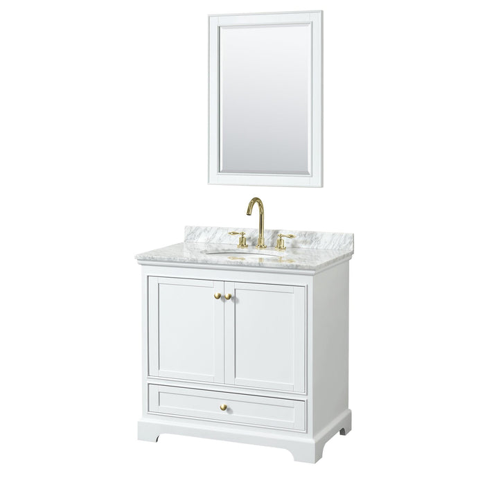 Wyndham Collection WCS202036SWGCMUNOM24 Deborah 36 Inch Single Bathroom Vanity in White, White Carrara Marble Countertop, Undermount Oval Sink, Brushed Gold Trim, 24 Inch Mirror