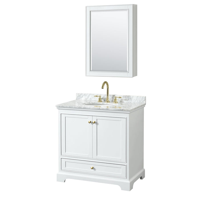 Wyndham Collection WCS202036SWGCMUNOMED Deborah 36 Inch Single Bathroom Vanity in White, White Carrara Marble Countertop, Undermount Oval Sink, Brushed Gold Trim, Medicine Cabinet