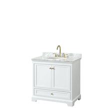 Load image into Gallery viewer, Wyndham Collection WCS202036SWGCMUNOMXX Deborah 36 Inch Single Bathroom Vanity in White, White Carrara Marble Countertop, Undermount Oval Sink, Brushed Gold Trim, No Mirror