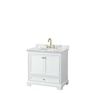 Wyndham Collection WCS202036SWGCMUNOMXX Deborah 36 Inch Single Bathroom Vanity in White, White Carrara Marble Countertop, Undermount Oval Sink, Brushed Gold Trim, No Mirror