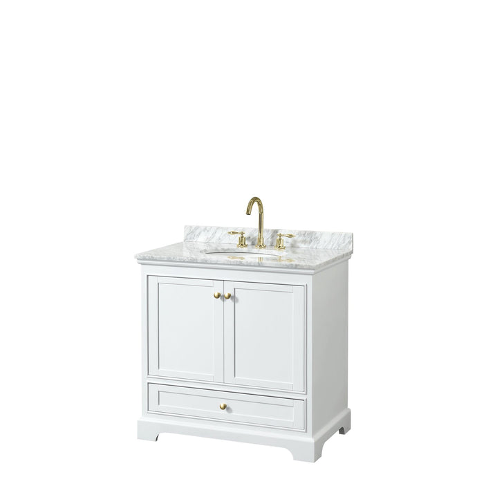 Wyndham Collection WCS202036SWGCMUNOMXX Deborah 36 Inch Single Bathroom Vanity in White, White Carrara Marble Countertop, Undermount Oval Sink, Brushed Gold Trim, No Mirror