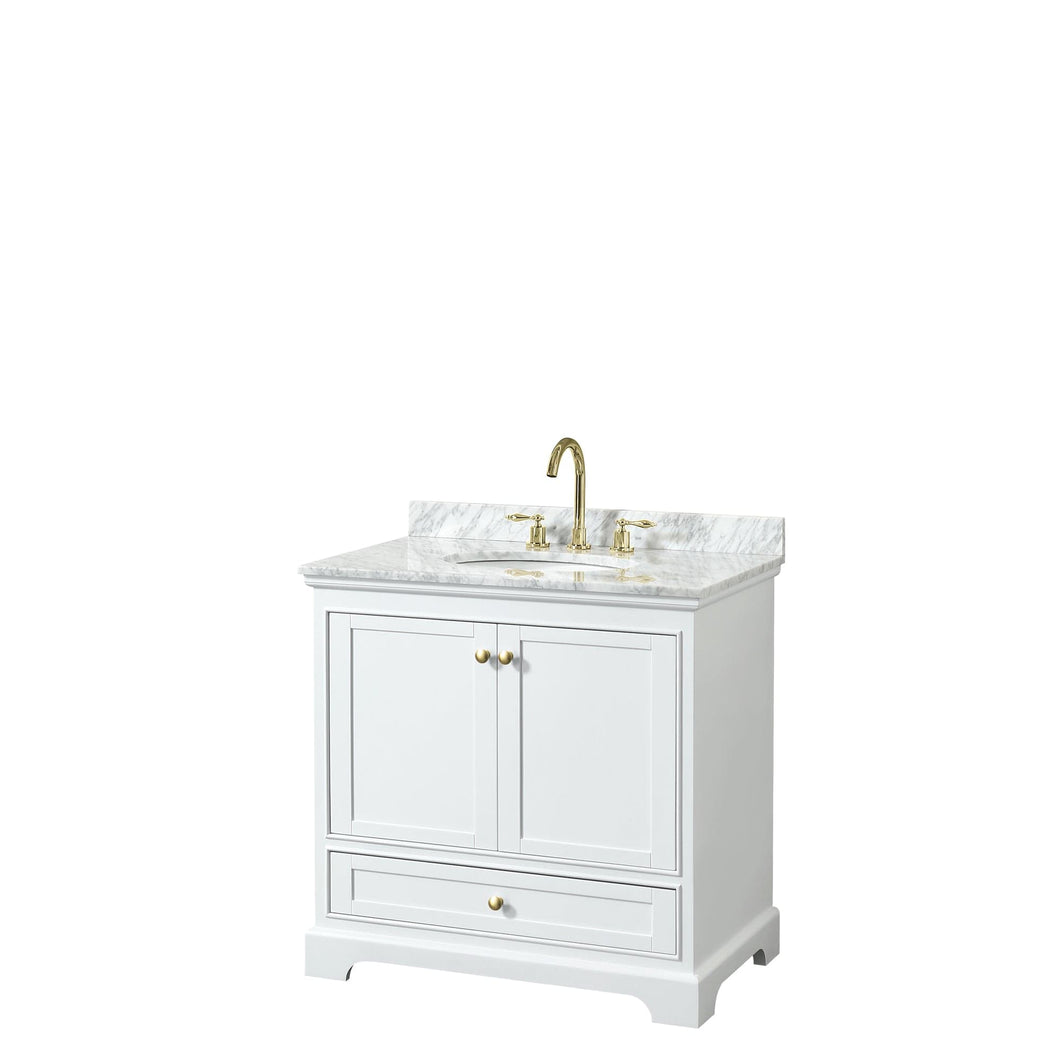 Wyndham Collection WCS202036SWGCMUNOMXX Deborah 36 Inch Single Bathroom Vanity in White, White Carrara Marble Countertop, Undermount Oval Sink, Brushed Gold Trim, No Mirror