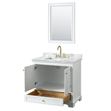 Load image into Gallery viewer, Wyndham Collection WCS202036SWGCMUNSM24 Deborah 36 Inch Single Bathroom Vanity in White, White Carrara Marble Countertop, Undermount Square Sink, Brushed Gold Trim, 24 Inch Mirror